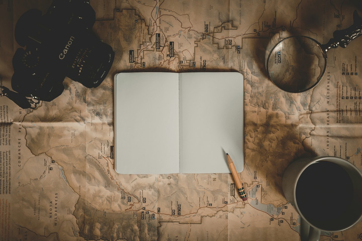 Travel planning essentials laid out on a vintage map.